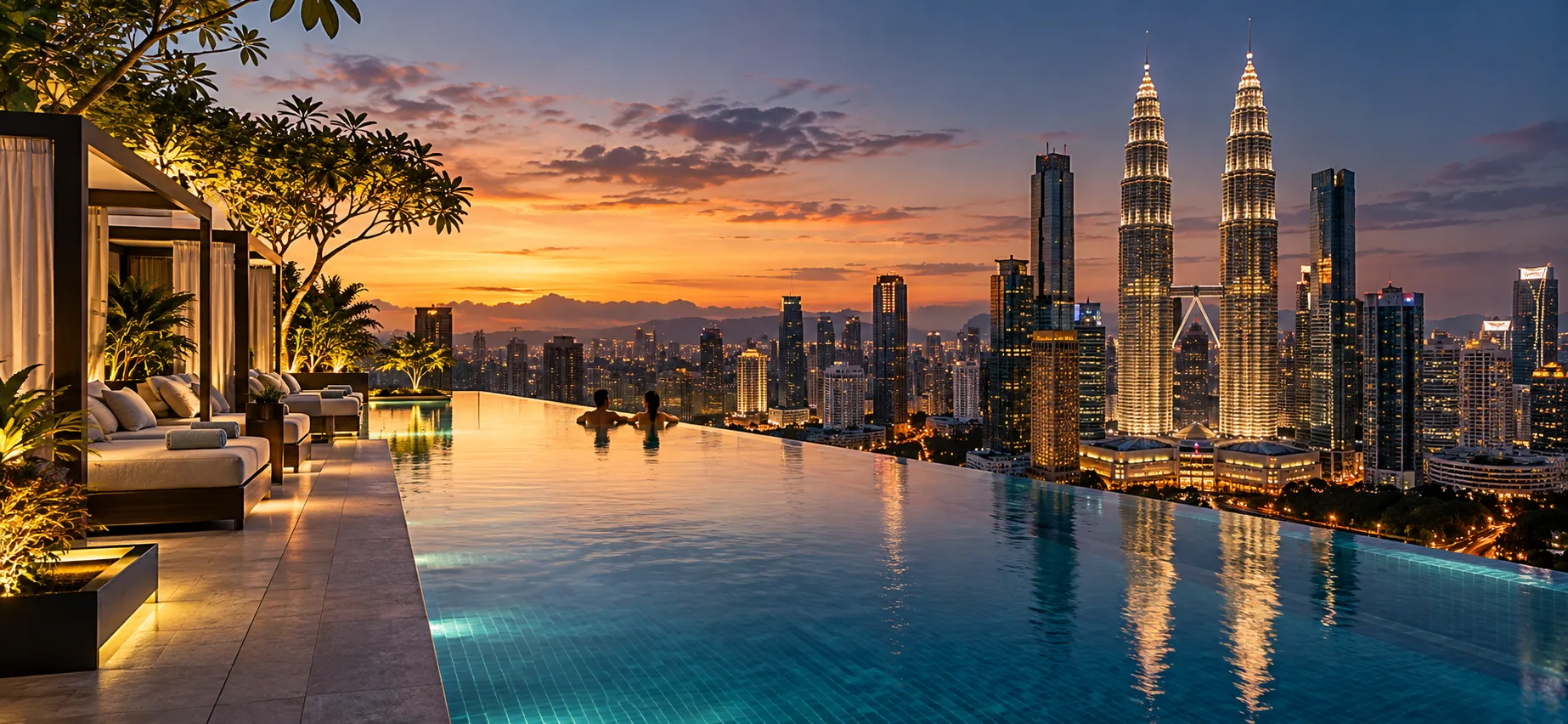 Kuala Lumpur skyline and Petronas Twin Towers from an infinity pool